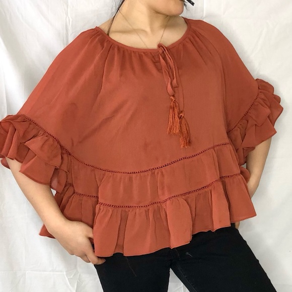 Women’s Orange Ruffle Flowy Tassle Blouse Top size L - Picture 3 of 4